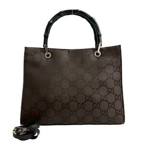 GUCCI Old Gucci Bamboo GG Canvas Handbag Tote Bag Brown 93759
